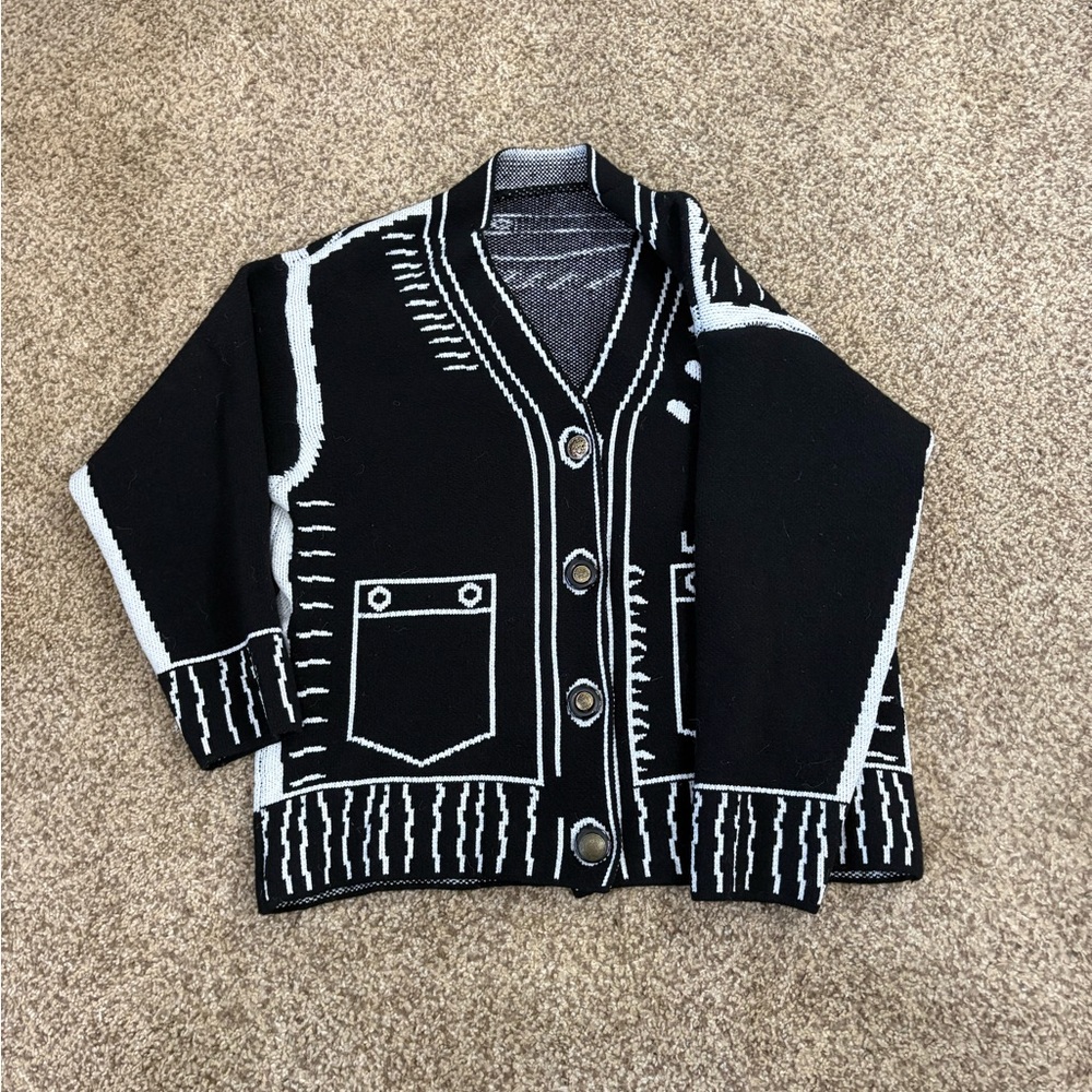 Black/White Pop Art Cardigan Graffiti Cartoon Stylish Loose Knit Sweater